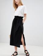 Asos Design Easy Midi Skirt With Paperbag Tie Waist-black