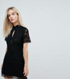 Fashion Union Petite Mini Dress With High Neck In Antique Lace - Black