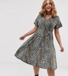 Simply Be Tie Waist Midi Dress In Gray Leopard - Gray
