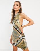 Asos Design Halter Neck Satin Mini Dress In Scarf Print-multi