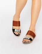 Park Lane Jewel Slide Leather Flat Sandals - Tan