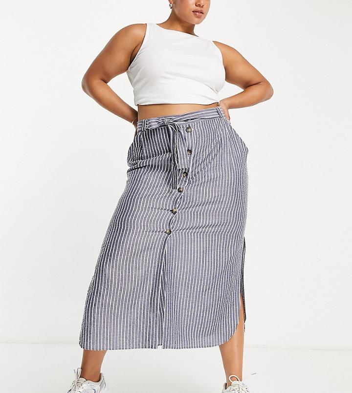 Asos Design Curve Belted Button Up Midi Skirt In Mono Stripe Seersucker-multi