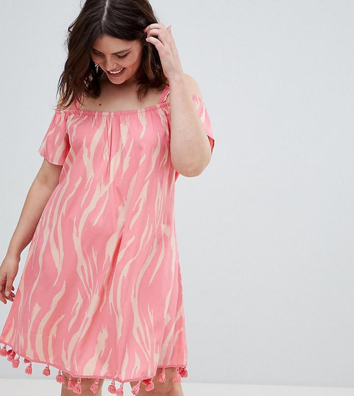 Junarose Printed Cold Shoulder Dress With Pom Detail - Multi