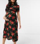 Asos Design Maternity Midi Tea Dress With Buttons In Rose Print-multi