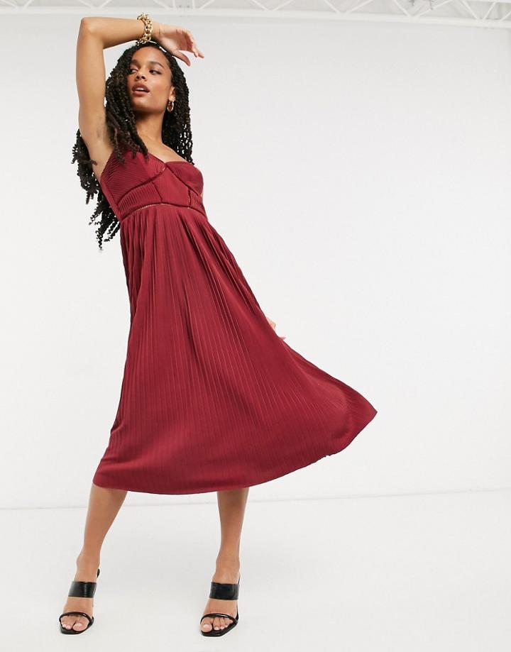 Asos Design Premium Cami Pleated Midi Dress With Ladder Trim Detail In Oxblood-red