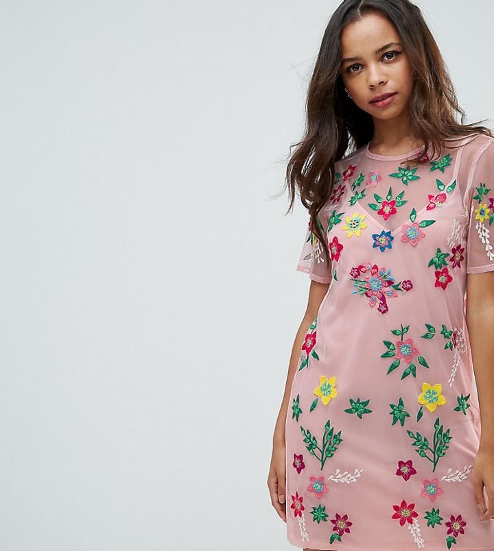 Asos Petite Premium Mesh T-shirt Dress With Floral Embroidery - Pink