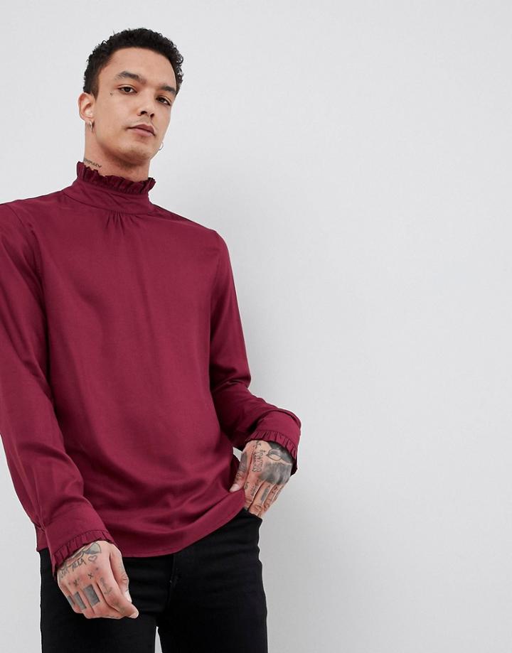 Asos Design Regular Fit Overhead Shirt With Ruffle Neck - Red