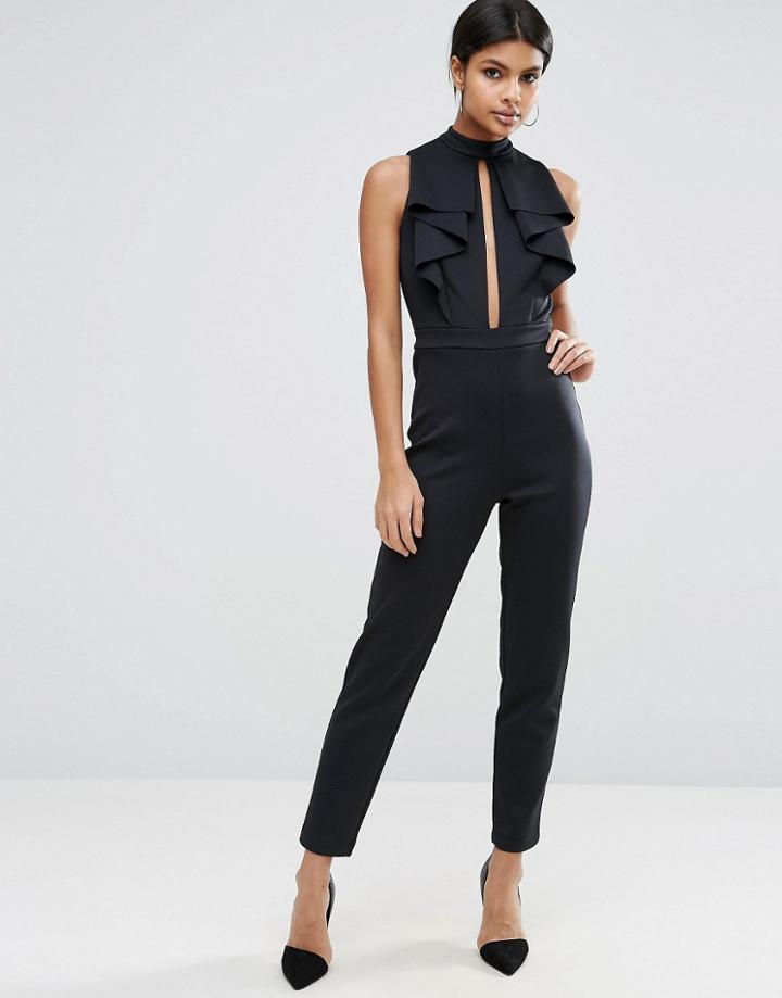 Asos Scuba Jumpsuit With Cutout And Ruffles - Black