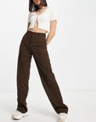 Pull & Bear High Rise Tailored Straight Leg Pants In Brown