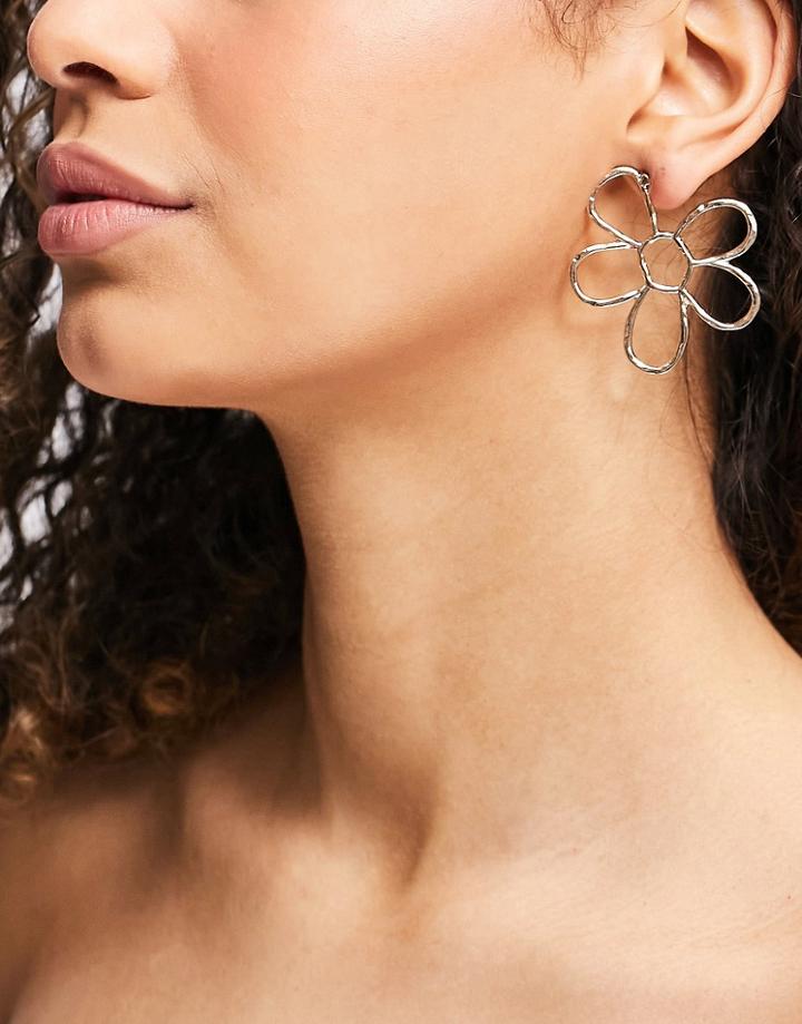 Asos Design Hoop Earrings In Open Flower Shape In Gold Tone