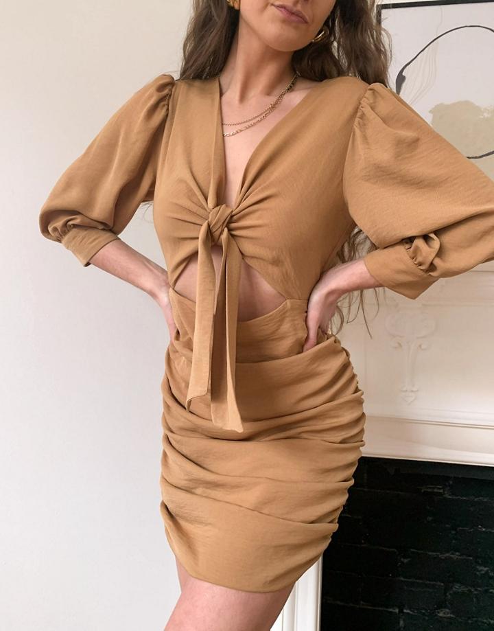 Asos Design Tie Front Mini Dress With Ruched Skirt-brown