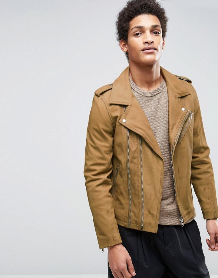 Casual Friday Biker Jacket In Tan Leather - Beige