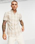 Asos Design Stretch Slim Shirt In Beige Plaid-neutral