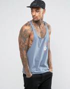 Asos Acid Wash Vest With Front And Back Macabre Print And Raw Edge Extreme Racer Back - Blue