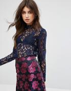 Fashion Union High Neck Long Sleeve Top In Delicate Lace - Navy