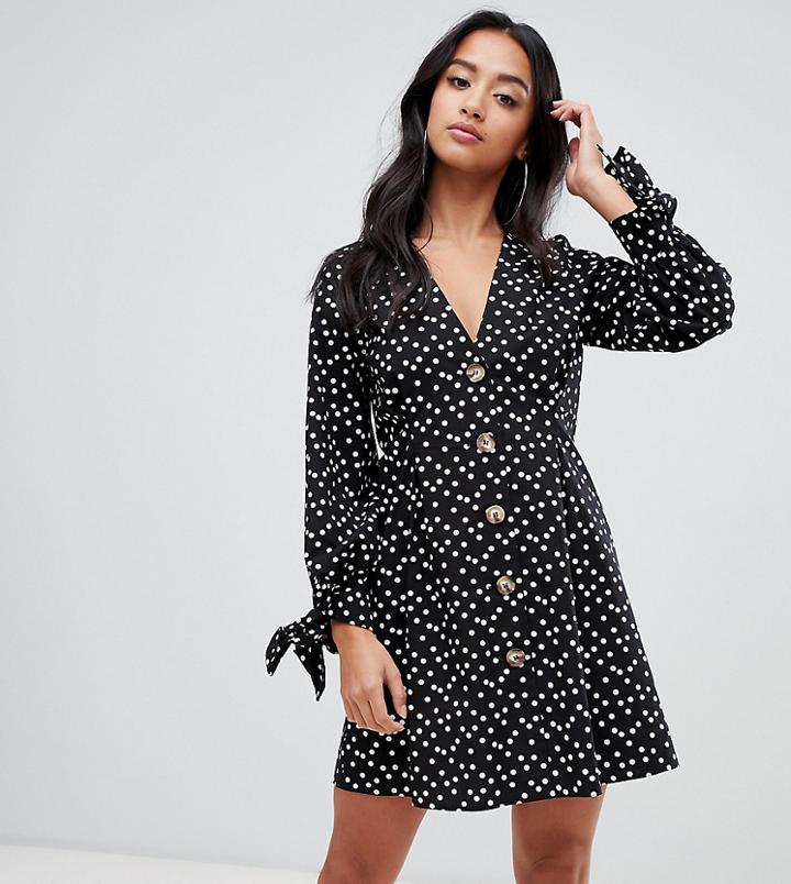 Asos Design Petite Button Through Mini Skater Dress With Tie Sleeves In Spot-multi