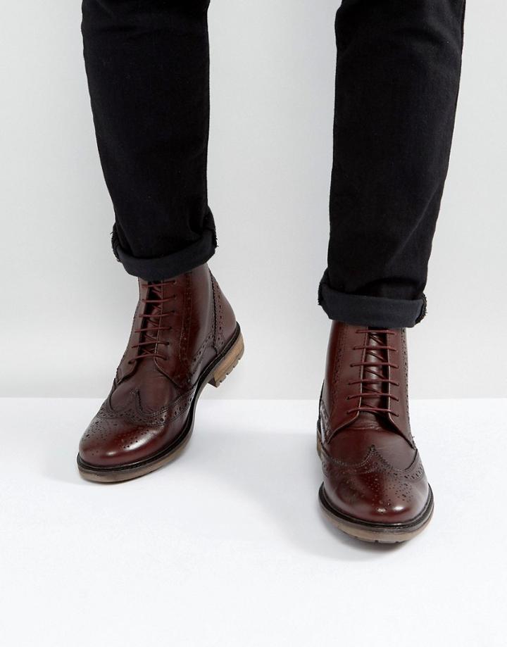 Silver Street Brogue Boots In Burgundy Leather - Red