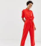 Monki Short Sleeve Belted Jumpsuit In Red - Red