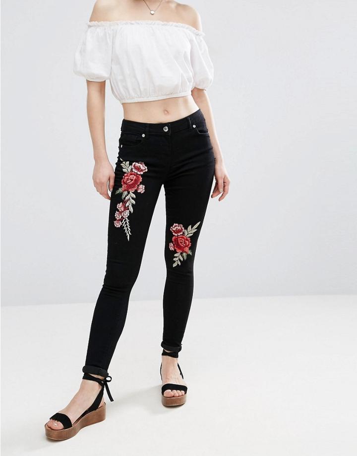 Parisian Rose Embroidery Jeans - Black
