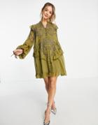 Asos Design Embelllished Chiffon Mini Dress With Stencil Floral Beading In Olive-green
