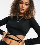 Asyou Wrap Tie Detail Long Sleeve Top In Black