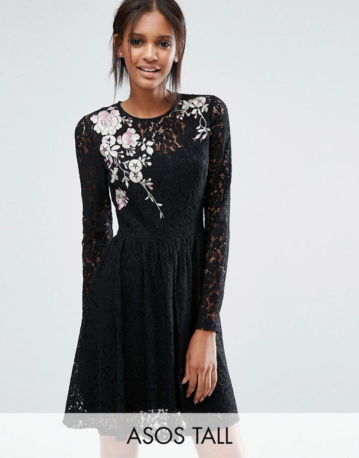 Asos Tall All Over Lace Mini Dress With Floral Embroidery - Black