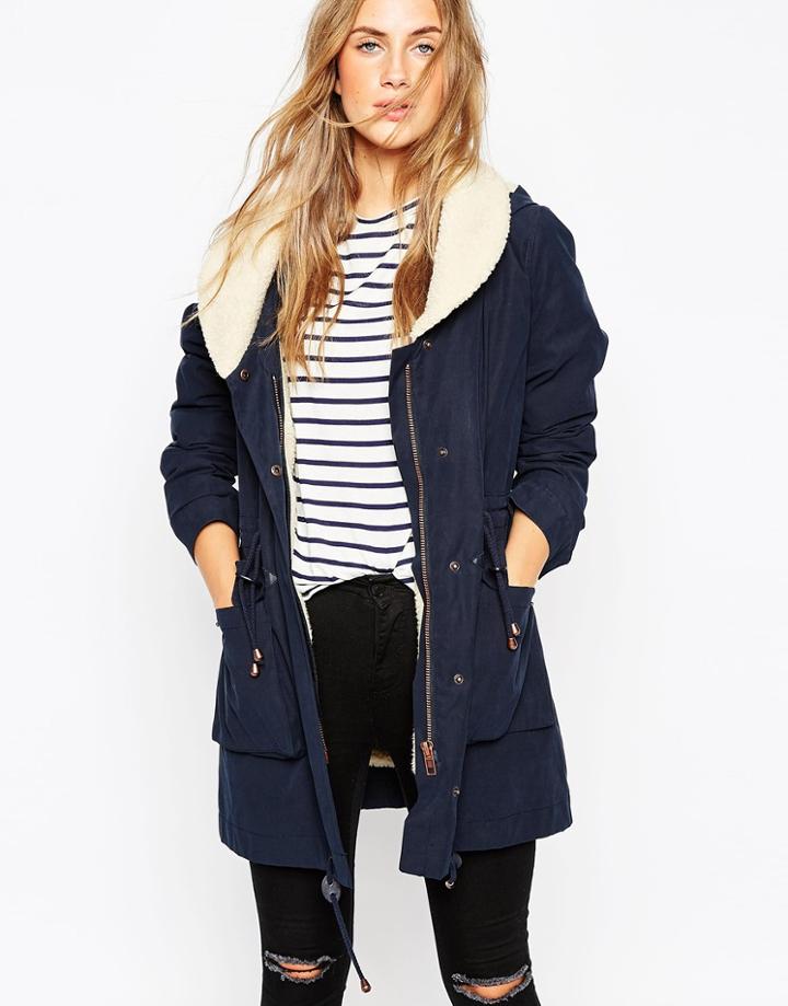 Asos Parka With Shawl Collar And Patch Pocket - Navy