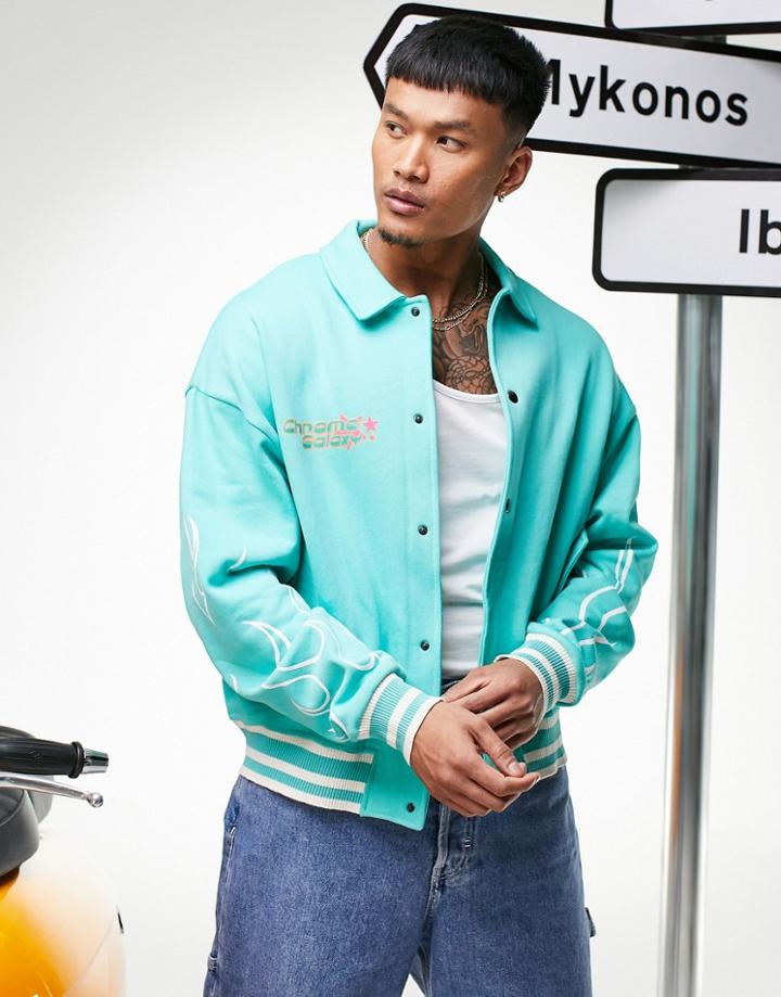 Asos Design Oversized Jersey Jacket In Green With Flame Print-blue