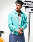 Asos Design Oversized Jersey Jacket In Green With Flame Print-blue