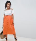 Asos Design Maternity Cotton Midi Skirt With Button Front In Orange Spot - Orange