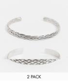 Asos Design Midweight Bangle Pack With Textured Design In Burnished Silver Tone