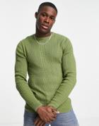 Asos Design Lightweight Cable Knit Sweater In Khaki-green