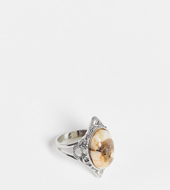 Reclaimed Vintage Inspired Ornate Chunky Ring With Stone In Silver