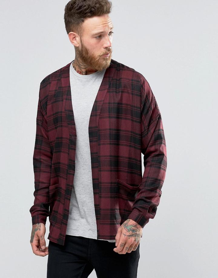 Asos Cropped Kimono In Burgundy Check In Regular Fit - Burgundy