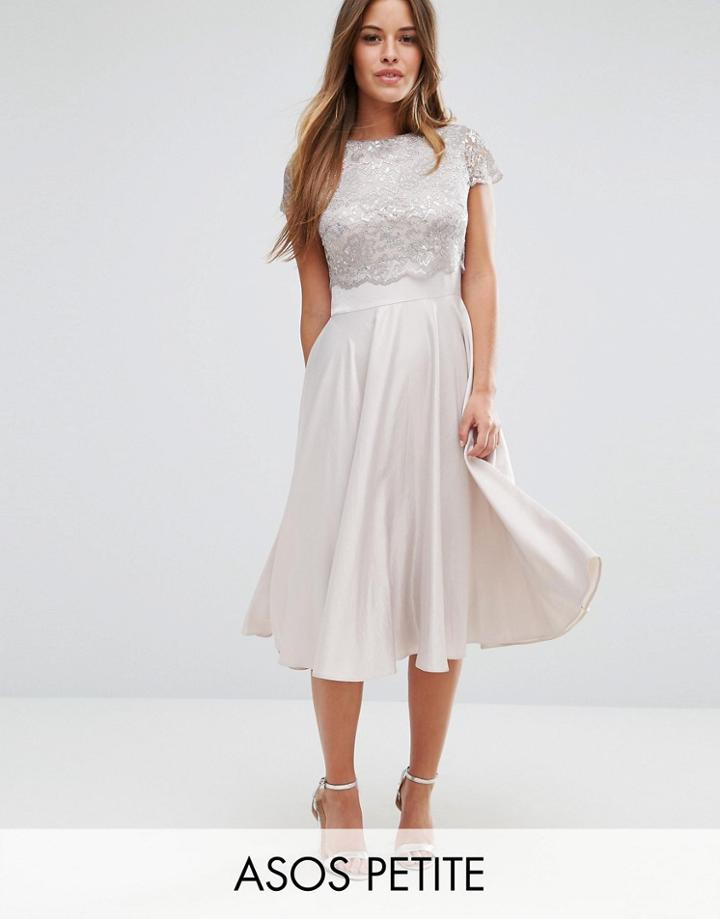 Asos Petite Lace Metallic Crop Top Midi Skater - Silver