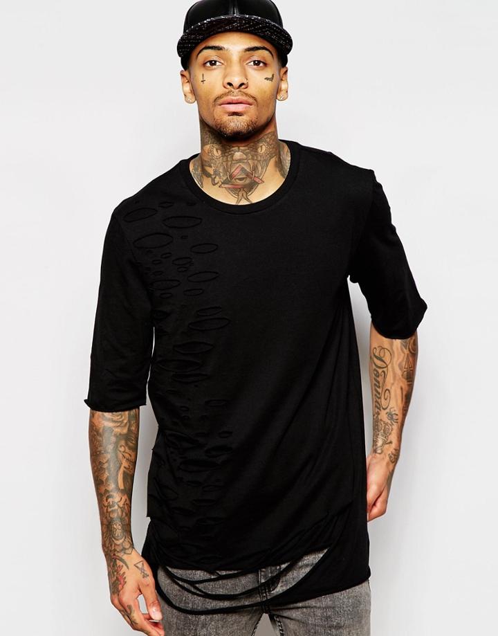 Asos T-shirt With Severe Distressing In Relaxed Skater Fit With Half Sleeves - Black