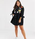 Asos Design Curve Embroidered Grandad Collar Button Through Mini Smock Dress With Tie Sleeves-black