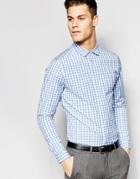 Asos Slim Shirt With Stretch In Blue Gingham Check With Long Sleeves - Blue