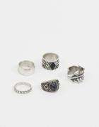 Asos Chunky Ring Pack In Burnished Silver With Feather And Black Stone Design - Silver