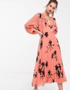 Asos Design Pleated Batwing Midi Dress In Pink Floral