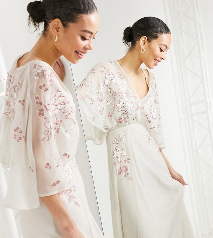 Asos Design Tall Blouson Embroidered Maxi Dress With Cape Back In Cream-yellow