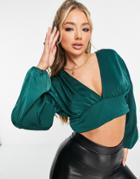 I Saw It First Plunge Satin Blouse In Green - Part Of A Set