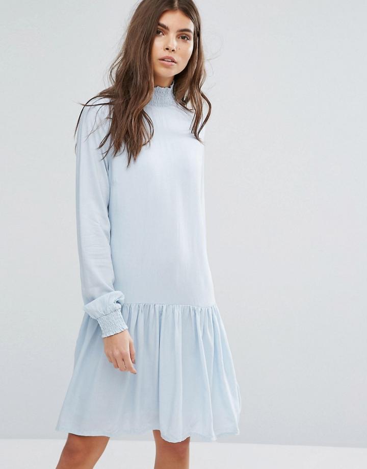 Vila High Neck Dress With Drop Waist - Blue