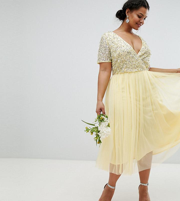 Maya Plus Cap Sleeve Delicate Sequin Detail Tulle Midi Dress-yellow