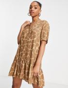 Monki Button Through Mini Dress In Brown Giraffe Print-multi