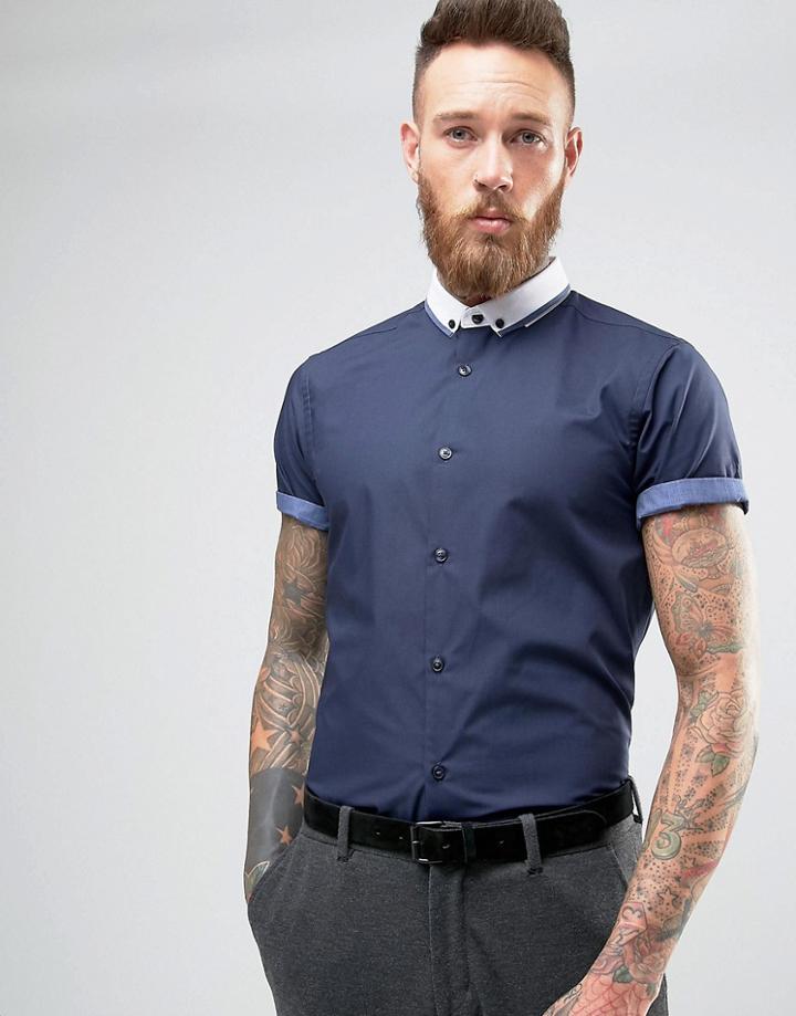 New Look Roll Sleeve Smart Shirt With Contrast Collar In Navy In Regul