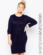 Asos Curve Knitted Dress With Tie Waist - Navy