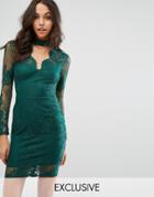 Michelle Keegan Loves Lipsy Lace Bodycon Dress With Plunge Neck - Gree