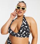 Asos Design Curve Recycled Mix And Match Halter Plunge Bikini Top In Mono Spot Print-multi