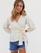 Rd & Koko Self Stripe Linen Blend Wrap Top - White